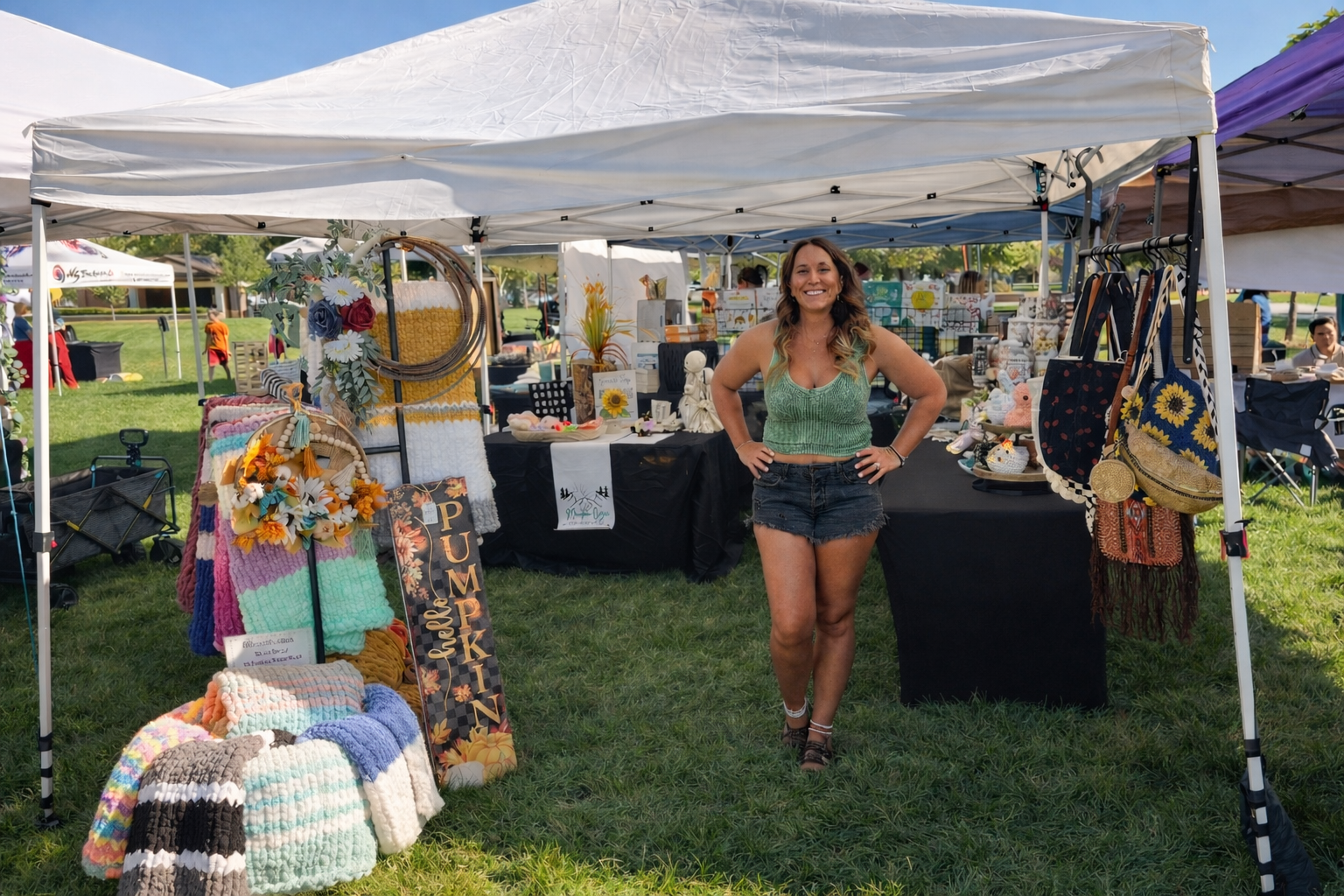 Mountain Cozee market booth with handmade chunky knit blankets and artisan goods.