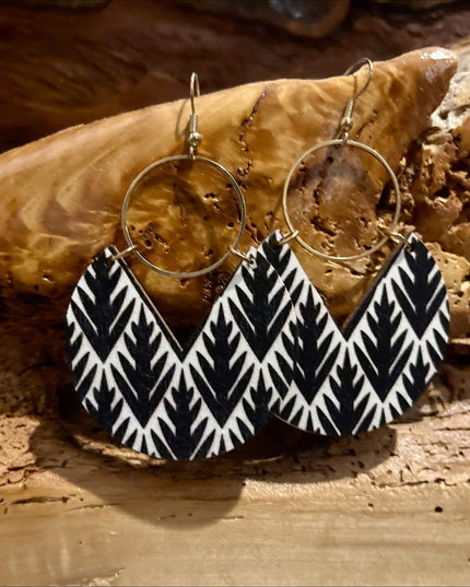 Boho Wooden Leaf Earrings: Black & White Dangle Earrings