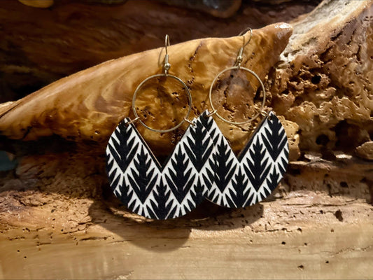 Boho Wooden Leaf Earrings: Black & White Dangle Earrings