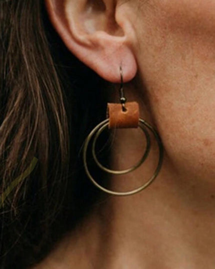 Bronze & Raw Leather Hoops | Antique-Inspired Boho Dangles