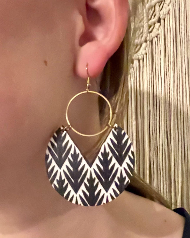 Boho Wooden Leaf Earrings: Black & White Dangle Earrings