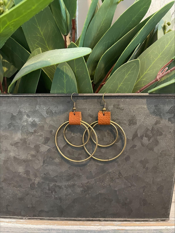 Bronze & Raw Leather Hoops | Antique-Inspired Boho Dangles