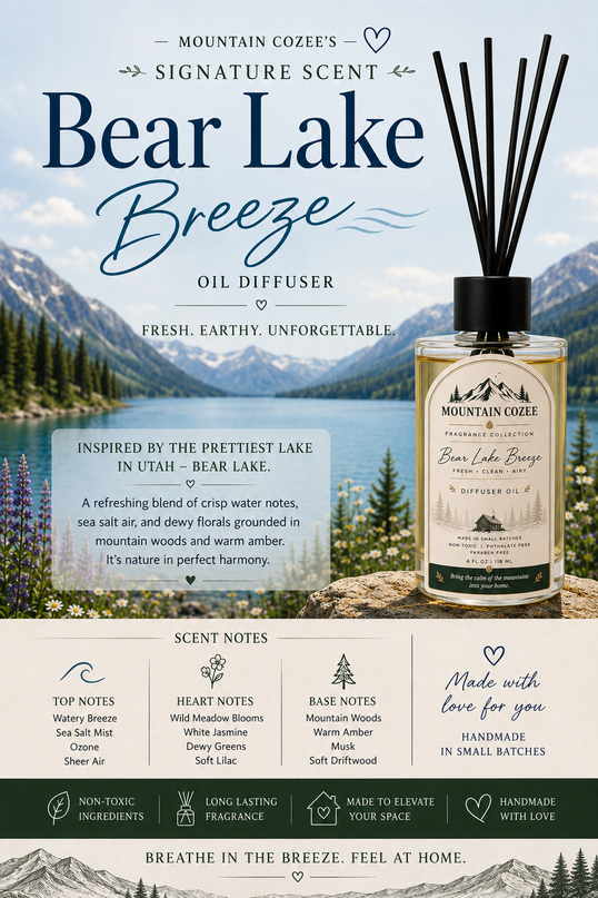 Bear Lake Breeze oil diffuser with mountain landscape background and description of scent