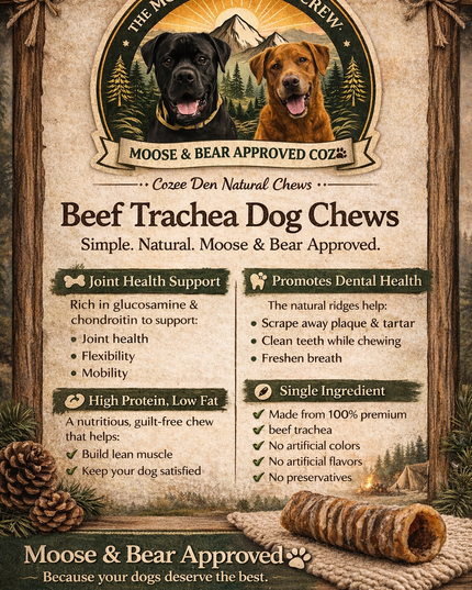 Advertisement for Beef Trachea Dog Chews with two dogs and promotional text on a wooden background.