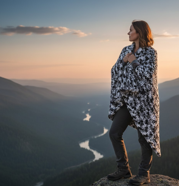Person standing on a mountain top with a blanket draped over them, overlooking a river and mountains at sunset.