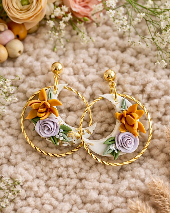 Luna Bloom Hoops | Midnight Florals & Golden Moons