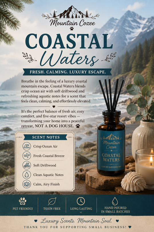 Aromatherapy product with coastal theme against a mountain and water background