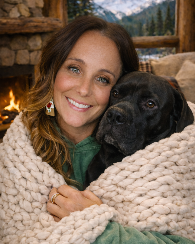 Woman hugging a black dog wrapped in a blanket with a mountain view in the background