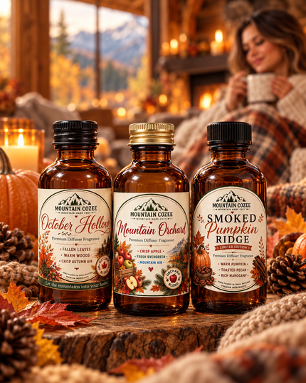 Three amber glass fragrance bottles from Mountain Coze are arranged on a rustic wood slice with autumn props. The bottles are labeled October Hallow, Mountain Orchard, and Smoked Pumpkin Ridge, with a warm, cozy, blurred indoor background featuring a woman and candles.