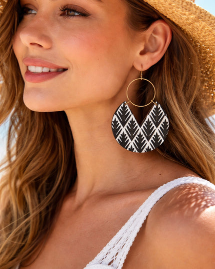 Boho Wooden Leaf Earrings: Black & White Dangle Earrings