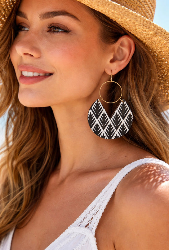 Boho Wooden Leaf Earrings: Black & White Dangle Earrings