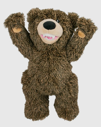 Plush brown bear toy with a happy expression on a white background