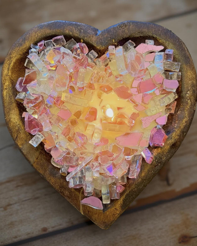 Heart Shaped Hand Poured Soy Candle in Carved Wood Bowl - 2lb Heart of Forever Candle with Pink Fireglass Crystals - Romantic Anniversary or Wedding Gift - Mountain Cozee
