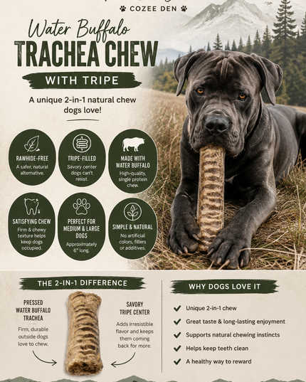 Water Buffalo Trachea Dog Chew with Tripe | 6” Rawhide-Free Natural Chew