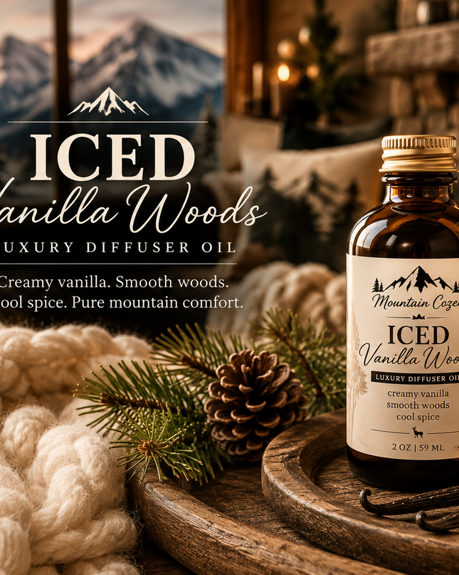 A bottle of Mountain Cogyo Iced Vanilla Woods luxury diffuser oil stands on a wooden tray beside a lit diffuser, pine branches, a flower, and a chunky knit blanket in a cozy indoor setting with a fireplace and mountain landscape in the background.