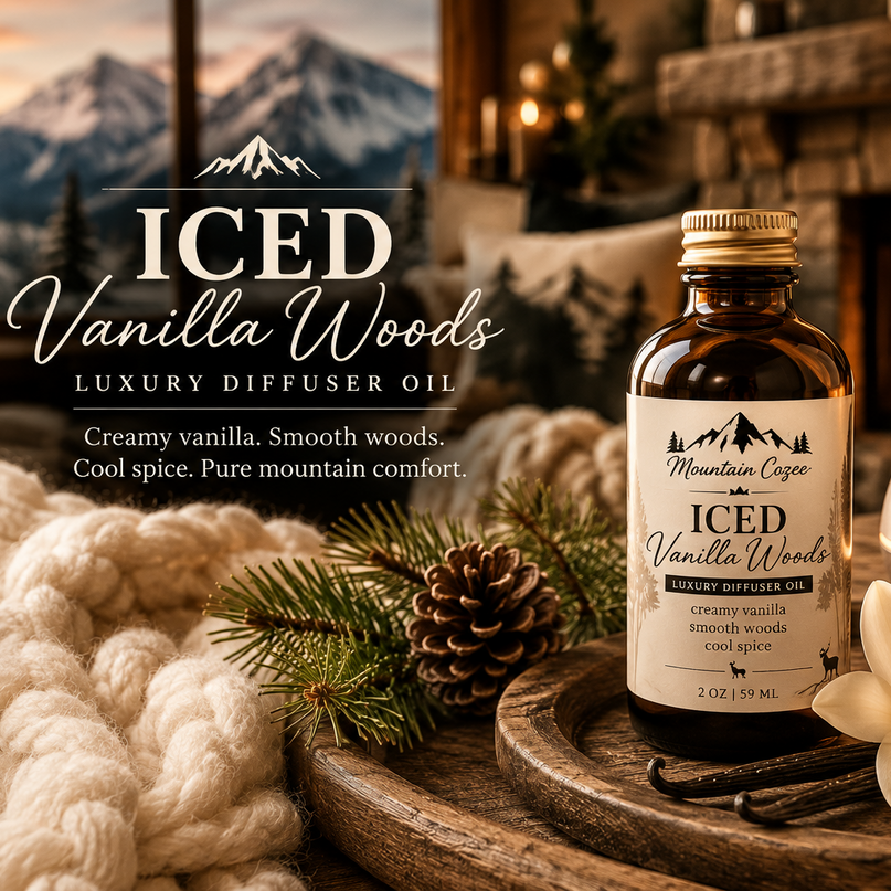 A bottle of Mountain Cogyo Iced Vanilla Woods luxury diffuser oil stands on a wooden tray beside a lit diffuser, pine branches, a flower, and a chunky knit blanket in a cozy indoor setting with a fireplace and mountain landscape in the background.