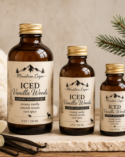 Three amber glass bottles of Mountain Cope Iced Vanilla Woods vanilla extract in different sizes, arranged on a stone slab with vanilla beans, a flower, pine branches, and a pinecone against a neutral background.
