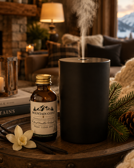A matte black cylindrical diffuser emitting soft steam sits on a rustic wooden tray beside a small amber bottle labeled Mountain Cloud, with a cream knit blanket, pine branches, and a candle in a cozy living room setting near a fireplace.