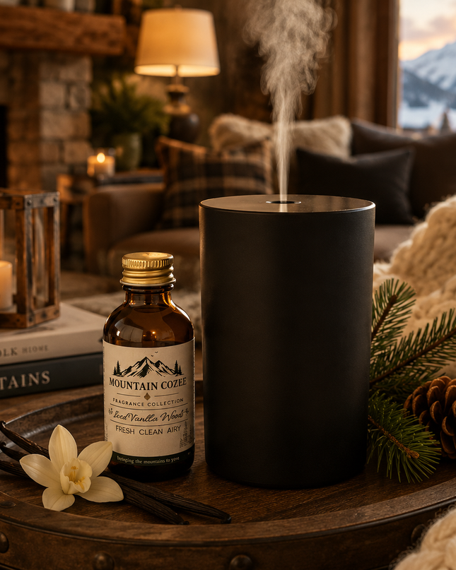 A matte black cylindrical diffuser emitting soft steam sits on a rustic wooden tray beside a small amber bottle labeled Mountain Cloud, with a cream knit blanket, pine branches, and a candle in a cozy living room setting near a fireplace.