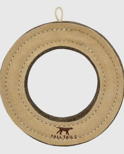 Mountain Cozee Durable Leather Ring Dog Toy – 7” Stitched Wool & Hide Toy for Interactive Tug and Retrieval