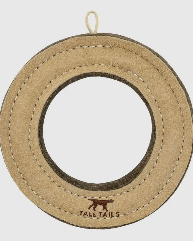 Mountain Cozee Durable Leather Ring Dog Toy – 7” Stitched Wool & Hide Toy for Interactive Tug and Retrieval