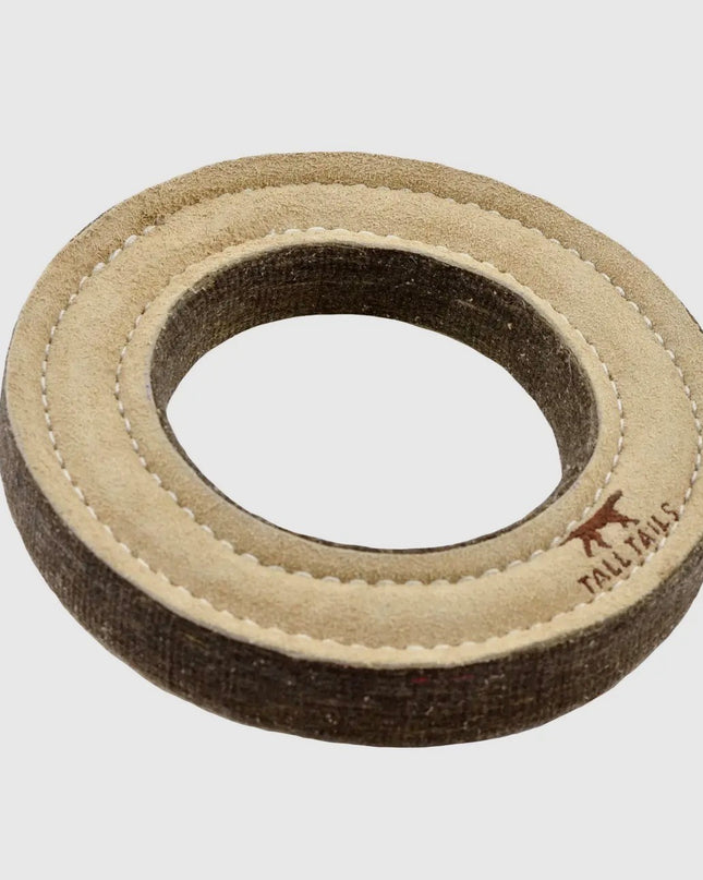 Mountain Cozee Durable Leather Ring Dog Toy – 7” Stitched Wool & Hide Toy for Interactive Tug and Retrieval