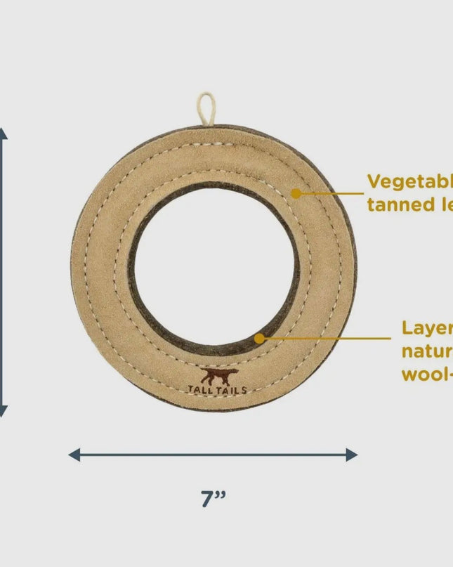 Mountain Cozee Durable Leather Ring Dog Toy – 7” Stitched Wool & Hide Toy for Interactive Tug and Retrieval