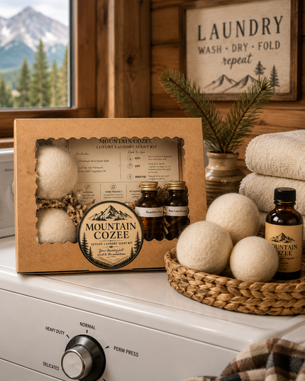 Mountain Cozee Laundry Fragrance Kit displayed on a white washing machine in a rustic cabin setting. The kit includes a kraft paper box with a clear window showing wool balls and a label, two small bottles of Mountain Cozee liquid laundry soap, and a woven basket containing more wool balls and a Mountain Cozee spray bottle.