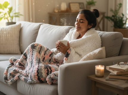 Handmade Chunky Knit Blanket: Blush Pink, Gray Chenille Throw