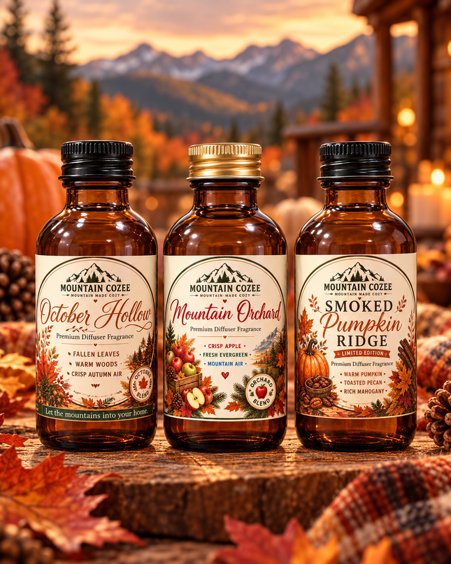 Three amber glass fragrance bottles from Mountain Coze stand on a wooden surface with autumn leaves and pumpkins in the background. The bottles are labeled October Haze, Mountain Orchard, and Smoked Pumpkin Ridge, with autumn-themed labels and black and gold caps.