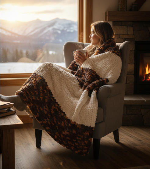 Handcrafted Chunky Knit Blanket: Cozy Autumn Striped Cabin Decor