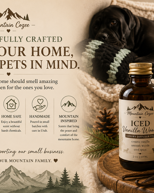Mountain Coffee Iced Vanilla Woods coffee bottle displayed on a wooden board next to a steaming moka pot, a black dog resting on a blanket, and a white flower, with promotional text on the left.