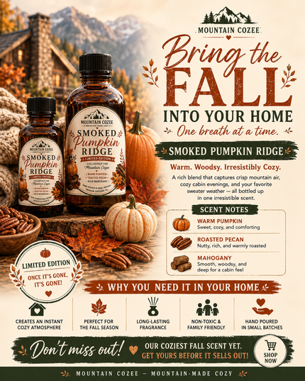 A promotional graphic for Mountain Coze Smoke & Pumpkin Ridge scented candles, showing two amber glass bottles and a smaller matching candle on a rustic autumn-themed background with pumpkins, fall leaves, and warm text describing the scent and benefits.