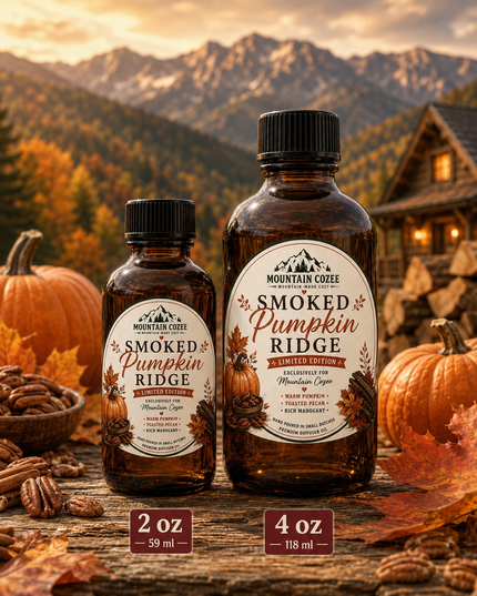 Two bottles of Mountain Coffee Co. Smoked Pumpkin Ridge maple syrup, one 2 oz and one 4 oz, displayed on a rustic wooden surface with pumpkins, pecans, and an autumn mountain cabin background.