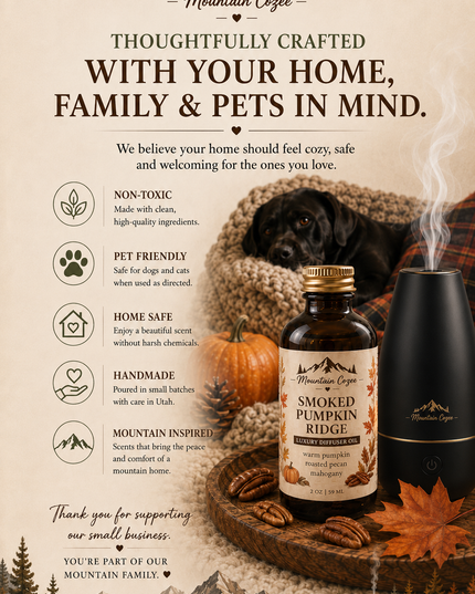 Mountain Coffee Smoked Pumpkin Ridge coffee advertisement featuring a bottle of coffee, a black mug with steam, a pumpkin, and autumn leaves on a warm beige background with text detailing product benefits.