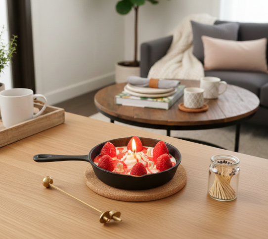 Strawberry Cheesecake Skillet Candle – Dessert Food Candle, Soy Paraffin Blend, Bakery Scented Candle, Unique Gift for Dessert Lovers