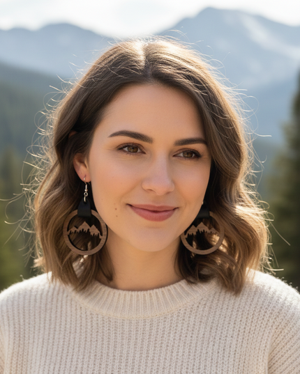 Woman with wooden earrings standing in front of a mountainous landscape