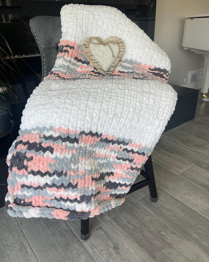 Handmade Chunky Knit Blanket: Blush Pink, Gray Chenille Throw