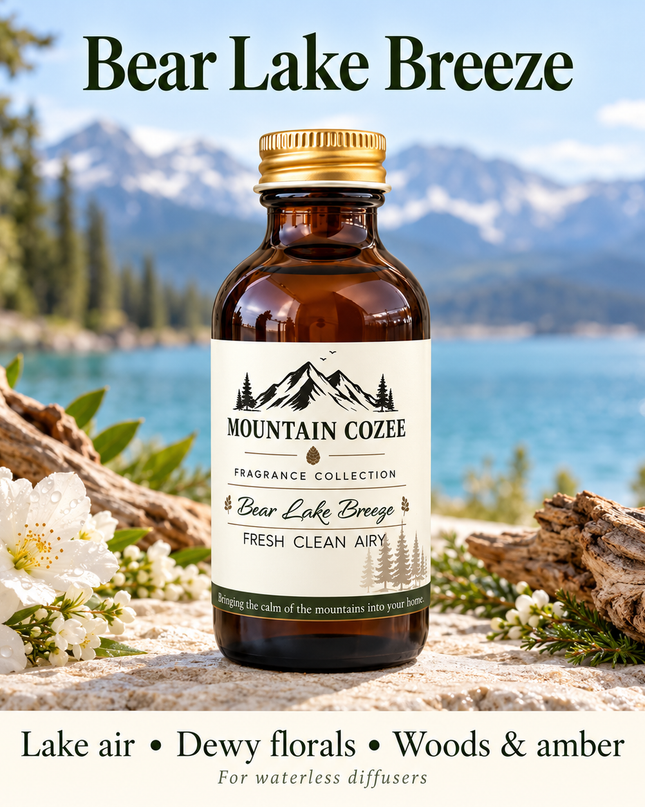 Bear Lake Breeze Waterless Diffuser Oil shown with its scent-note cues in a mountain-inspired setting
