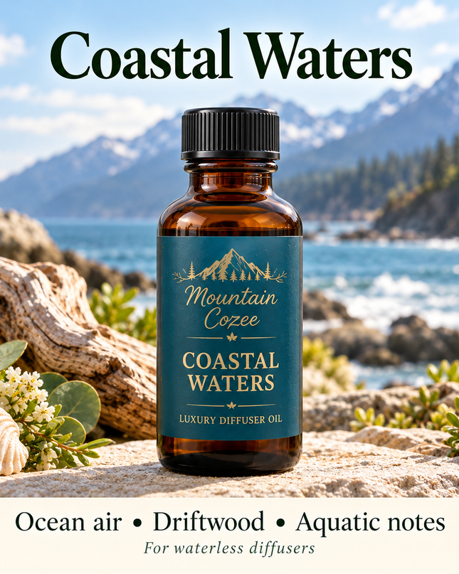 Coastal Waters diffuser oil with driftwood and water scenery; ocean air, driftwood and aquatic notes.