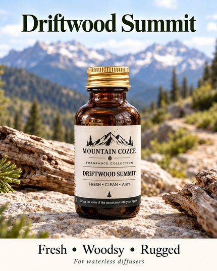 Driftwood Summit diffuser oil with weathered timber and mountain scenery; fresh, woodsy and rugged.