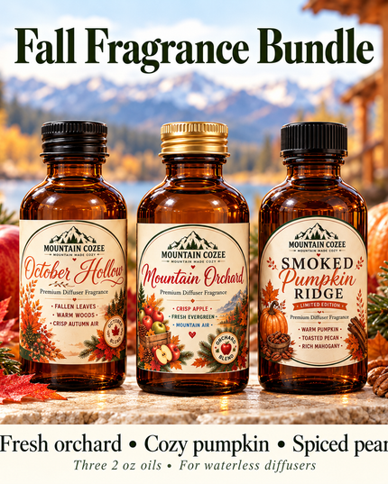 Mountain Cozee Fall Fragrance Bundle showing October Hollow, Mountain Orchard and Smoked Pumpkin Ridge, three 2 oz bottles with scent-note cues.