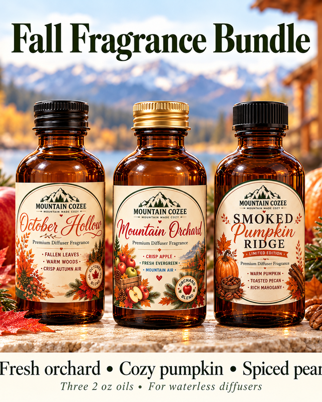 Mountain Cozee Fall Fragrance Bundle showing October Hollow, Mountain Orchard and Smoked Pumpkin Ridge, three 2 oz bottles with scent-note cues.