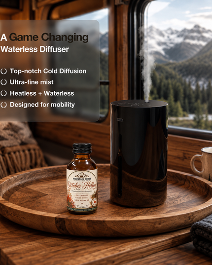 Mountain Cozee waterless diffuser with October Hollow fragrance oil in a cozy mountain cabin