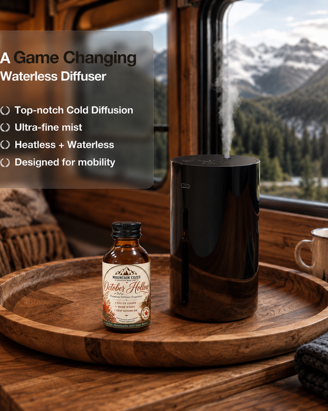 Mountain Cozee waterless diffuser with October Hollow fragrance oil in a cozy mountain cabin