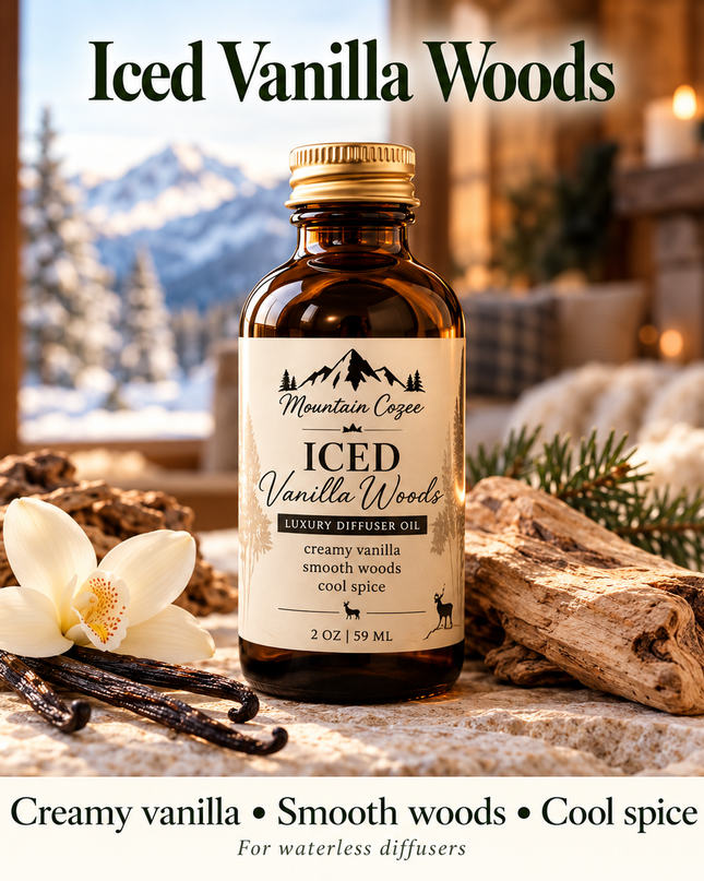 Iced Vanilla Woods diffuser oil with vanilla pods and wood in a cozy mountain cabin; creamy vanilla, smooth woods and cool spice.