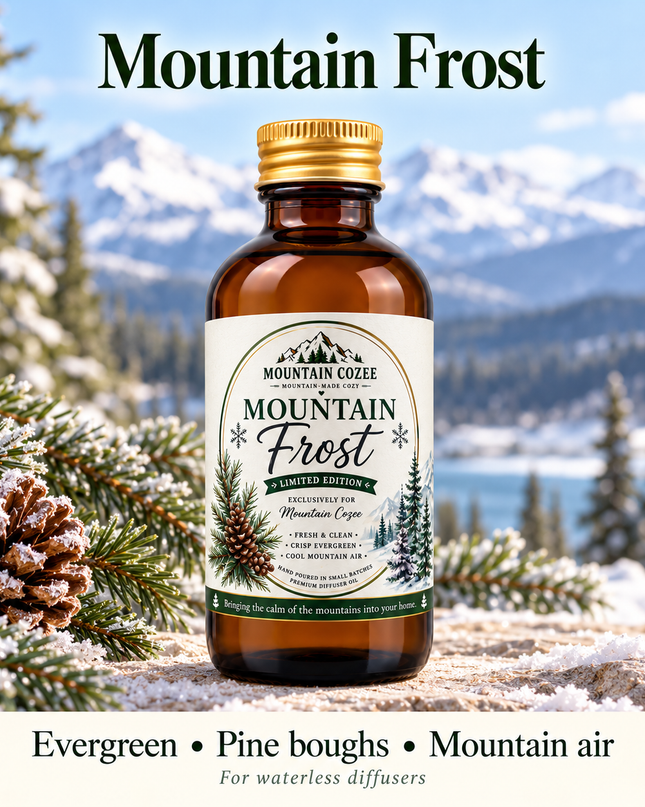 Mountain Frost Waterless Diffuser Oil shown with its scent-note cues in a mountain-inspired setting