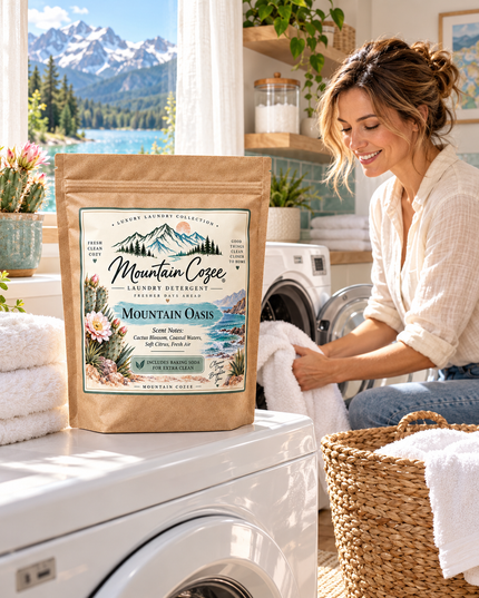 Mountain Oasis laundry detergent in a bright mountain-inspired laundry room
