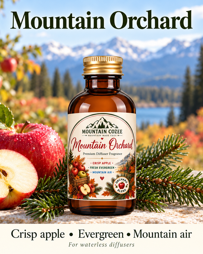 Mountain Orchard Waterless Diffuser Oil shown with its scent-note cues in a mountain-inspired setting