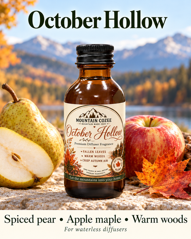 October Hollow Waterless Diffuser Oil shown with its scent-note cues in a mountain-inspired setting